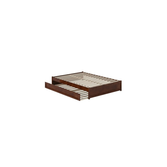 Platform Bed with Trundle - Twin Size, Walnut Finish - Full Panel Design & Wood Slats - Guest Bed