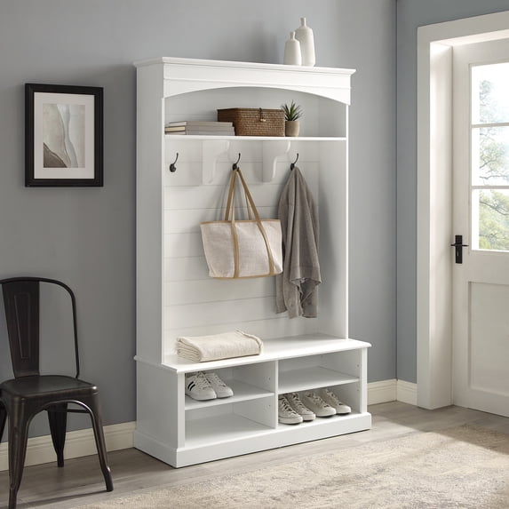 HomeStock Timeless Trends Hall Tree, White Finish, 15.75 x 44 x 72.38 inches, With Bench for Seating, Farmhouse Design, Convenient Entryway/Hallway Tree W/ Storage and Hooks
