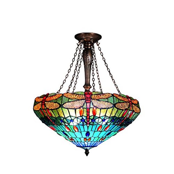 Dragonfly Pendant Light - Copper Foiled Glass Ceiling Fixture - 24 Inch Elegant Home Decor