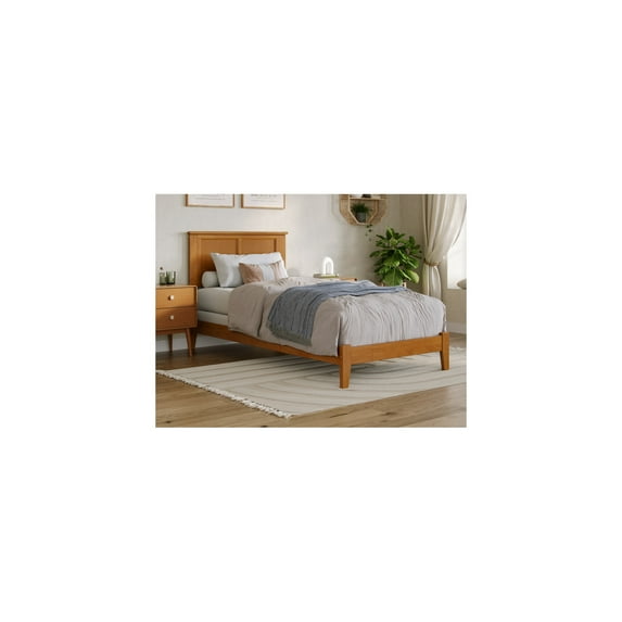 Twin XL Bed Frame with Charging Station - Solid Wood Bed - Light Toffee Finish - Traditional Style - Requires Box Spring