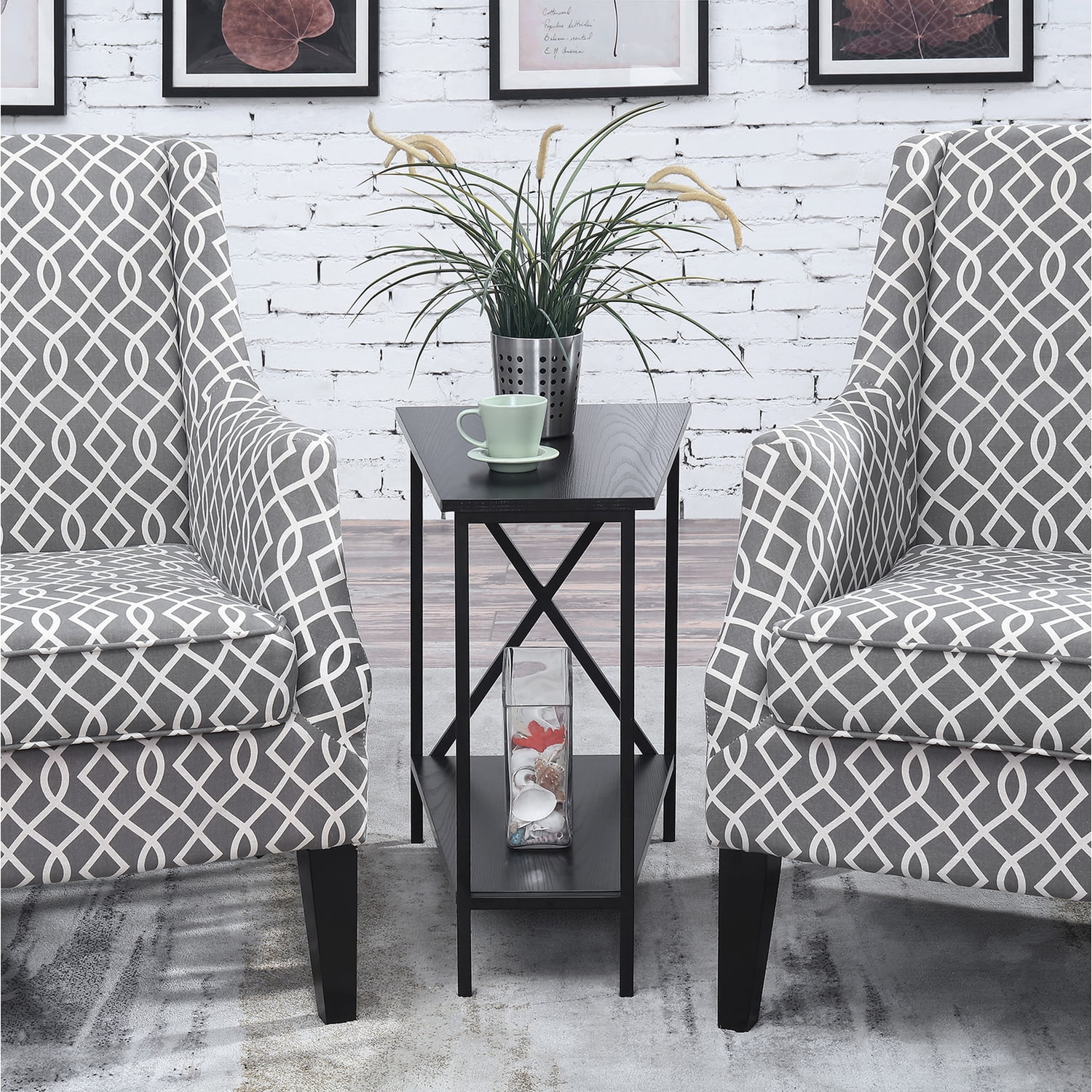 Black Triangular Wood and Metal Wedge End Table