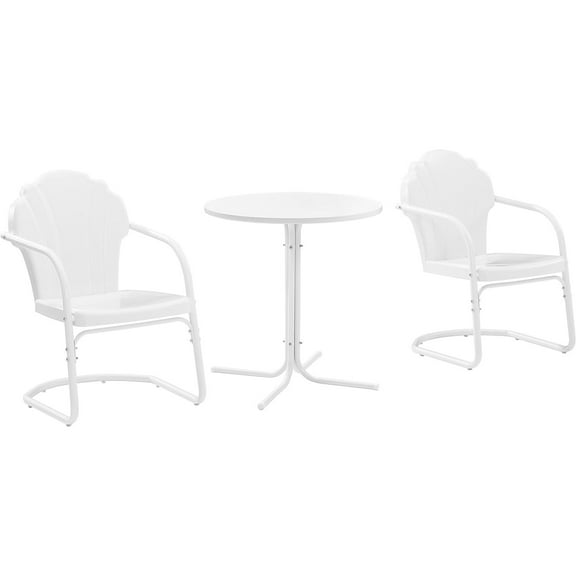 HomeStock Tribal Treasures 3Pc Outdoor Metal Bistro Set with White Satin Bistro Table & 2 Chairs - 29 x 98 x 32.88 in, Scallop Style Chairs, Modern Patio Bistro Sets