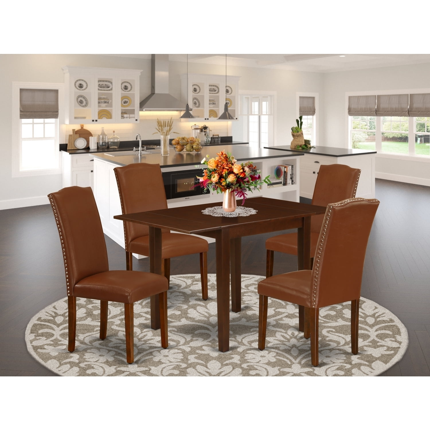 5 Piece Dining Set - Rectangle Table & 4 Parsons Chairs - Brown Faux ...