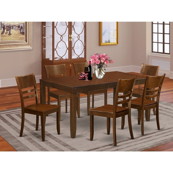 Rectangular Dining Set - 7 Piece Table & Chair Set - Espresso Finish - Extendable Leaf Table - Wood Dining Chairs
