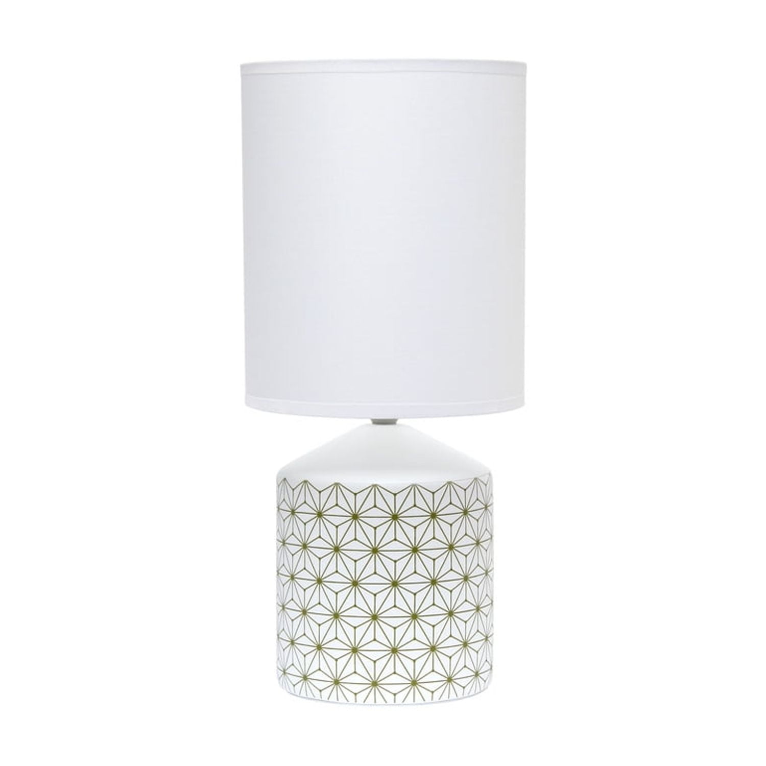 White Ceramic Nightstand Lamp with Gold Geometric Pattern and Tube Shade