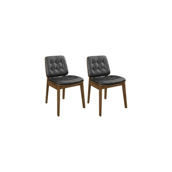 HomeStock Tufted Back Side Chairs Set in Natural Walnut and Black, Mid-Century Modern Design with Comfortable Leatherette Cushions