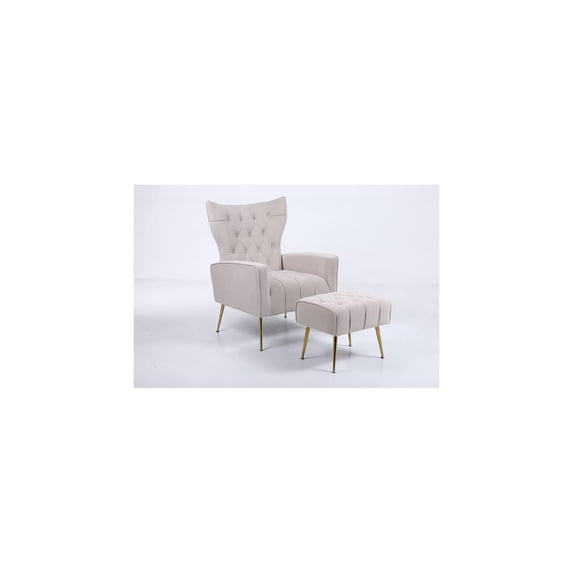 Velvet Accent Chair with Ottoman - Modern Tufted Wingback Chair, Beige Upholstery, Armrest & Cushion