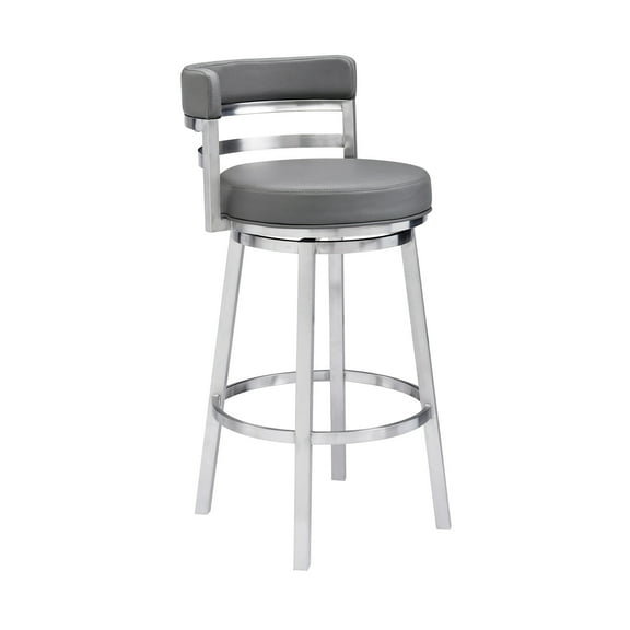 Counter Height Barstool - Modern Grey Faux Leather Seat - 26 Inch - Brushed Stainless Steel Finish