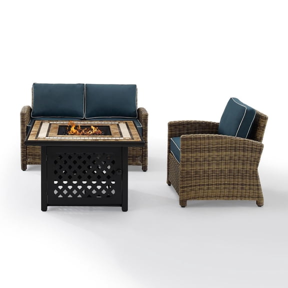 HomeStock Modern Muse Outdoor Wicker Seating Set with Fire Table, Modern Patio Conversation Set with Cushioned Seating, Outdoor Seating Furniture for Porch and Patios-Color:Navy,Size:Loveseat and Armc