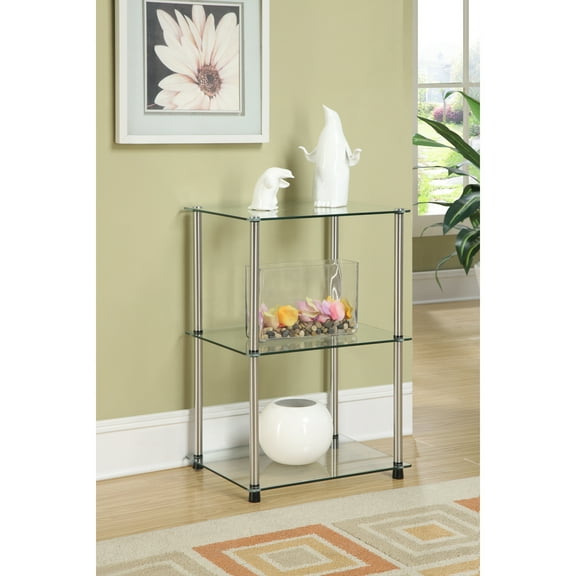 Homestock Tuscan Temptations 3-Tier End Table With Midnight Black Glass Shelves And Stainless Steel Poles, Modern Open Design For A Sleek And Functional Living Room Addition