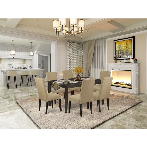 Tuscan Dining Set 7 Piece - Rectangle Table & 6 Linen Chairs - 36x60 Inch Cappuccino Finish