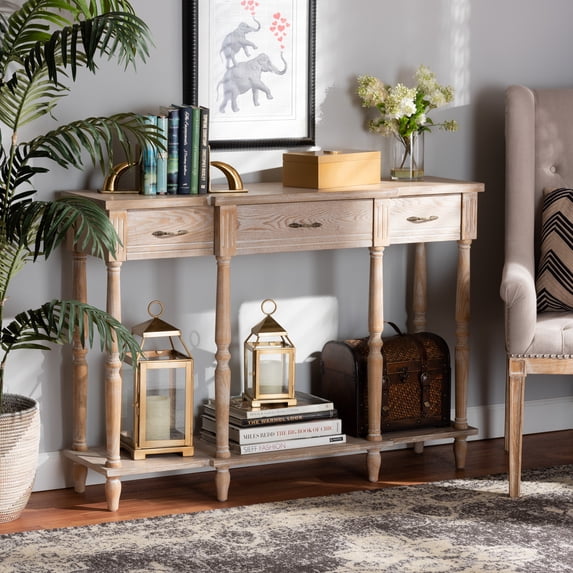 Console Table 3 Drawer Storage - Rustic Whitewashed Wood - Entryway Hallway Decor - Classic Provincial Design