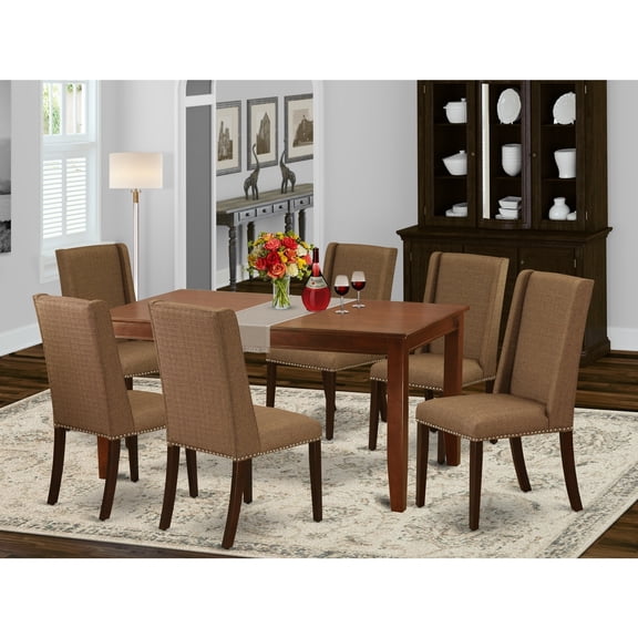 HomeStock Tuscan Temptations Furniture Dufl7-Mah-18 7-Piece Kitchen Dining Table Set- 6 Parson Dining Chairs And Dining Table Solid Wood Structure -High Back & Mahogany Finish