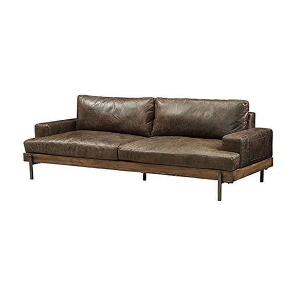 HomeStock Tuscan Temptations Sofa - 95" x 39" x 32" - Oak & Distress Chocolate Top Grain Leather, Rugged Beauty with Metal Legs