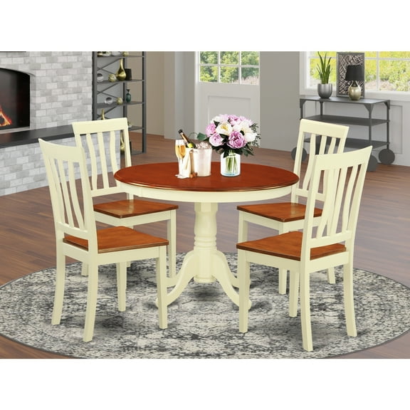 HomeStock Artistic Accomplishment 5 Piece Kitchen Table Set for 4 Includes a Round Dining Room Table with Pedestal and 4 Dining Chairs, 42x42 Inch-Color:Buttermilk & Cherry,Style:Wood Seat