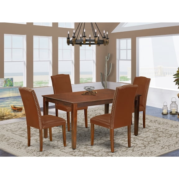 Tuscan Dining Set - Rectangle Table & 4 Chairs - Brown Faux Leather - 60" Table - Home Stock