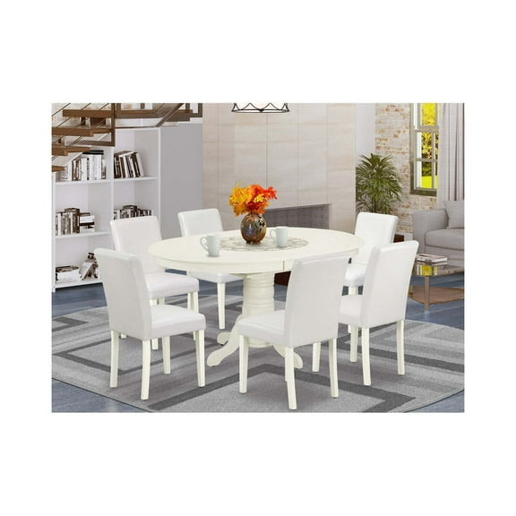 Dinette Set 7Pc Oval Table w/ Leaf & 6 Chairs - White PU Leather - Tuscan Style