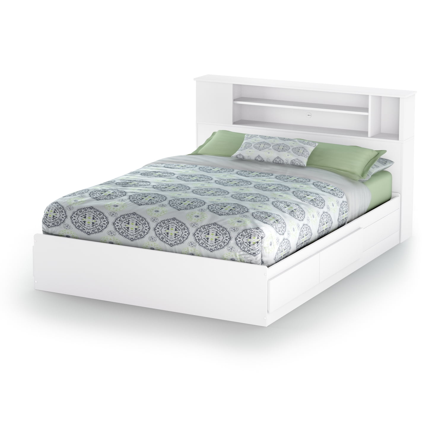 HomeStock Tuscan Treats Mates Bed With Drawers And Bookcase Headboard Set in Pure White, Bunkie Board Queen Size - 82"L x 62"W x 40.25"H