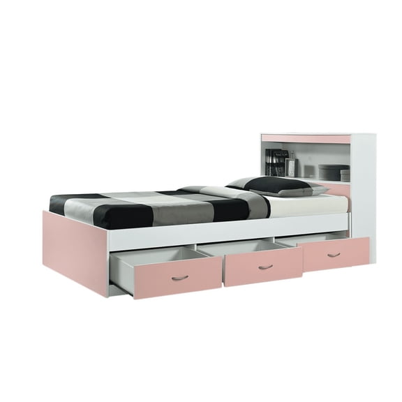 HomeStock Twin Size Medieval Moods Modern Storage Bed With 3 Drawers and Headboard with Spindles feature, Laminated Finish - 85.6"L x 42.3"W x 39.2"H-Color:Pink