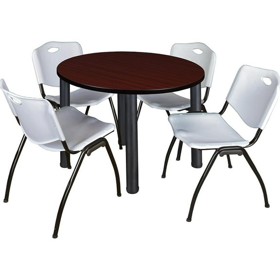 HomeStock Urban Oasis 36" Round Lounge Table Mahogany/ Black with 4 'M' Nesting Chairs, Grey - Ergonomic Breakroom Furniture Set for Staff Break Room, Tables & Chair, Breakroom Set