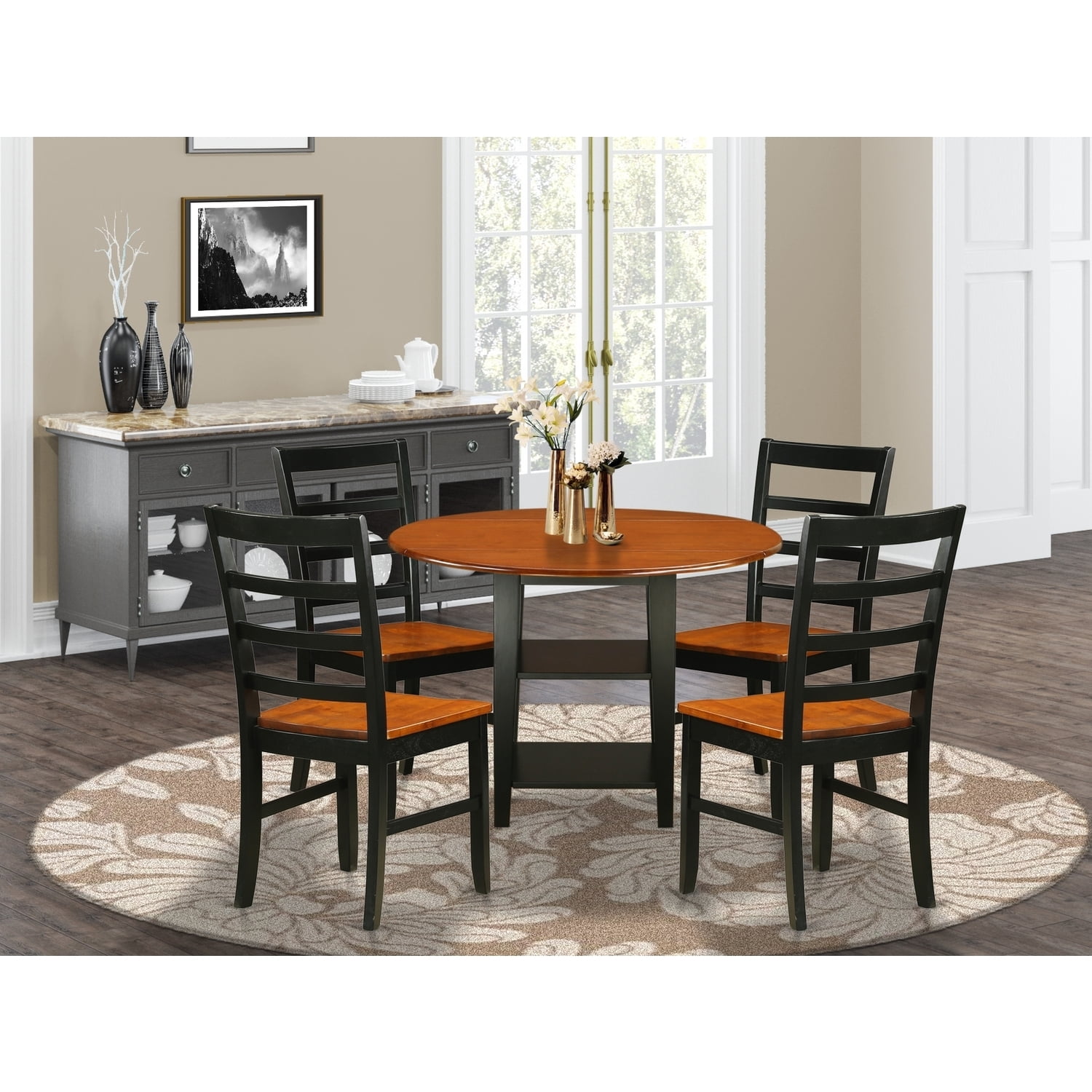 5 Piece Dining Set - Round Table & 4 Chairs - Black Cherry Finish ...