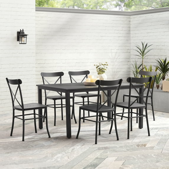 HomeStock Artisanal Abode Outdoor Metal Dining Set with Cushions, - Dining Table with 6 Chairs, Design Chair Backs, Elegant Outdoor Dining Set-Color:Matte Black,Size:7PC Normal Chair