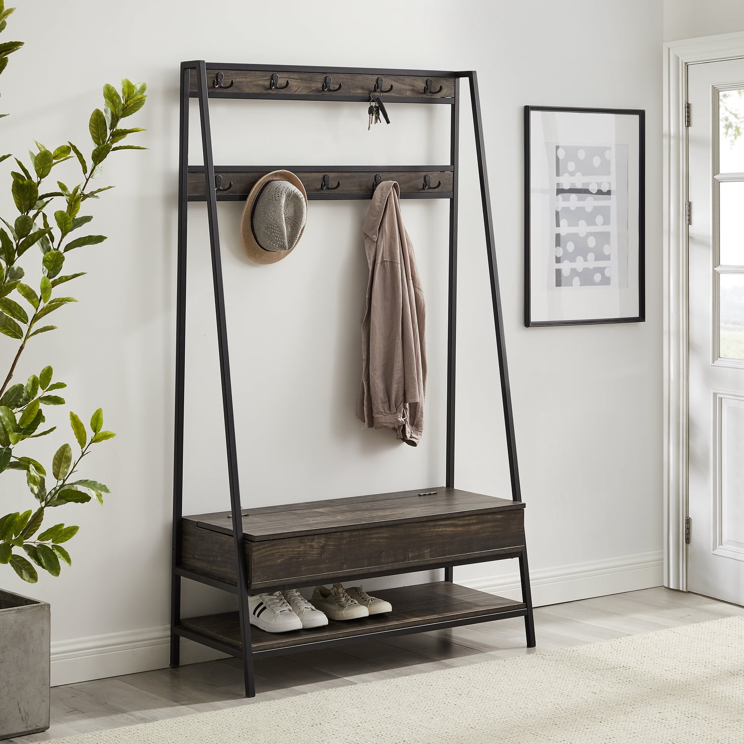 HomeStock Urban Oasis Modern Wood Hall Tree in Brown/Black, 17 x 40 x ...