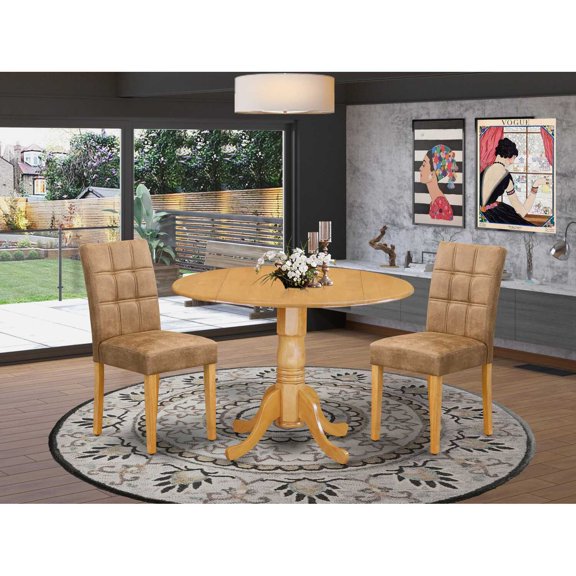Round Dining Table Set with 2 Chairs - Oak Drop Leaf Table & Parson Chairs - Modern Dining Room Furniture