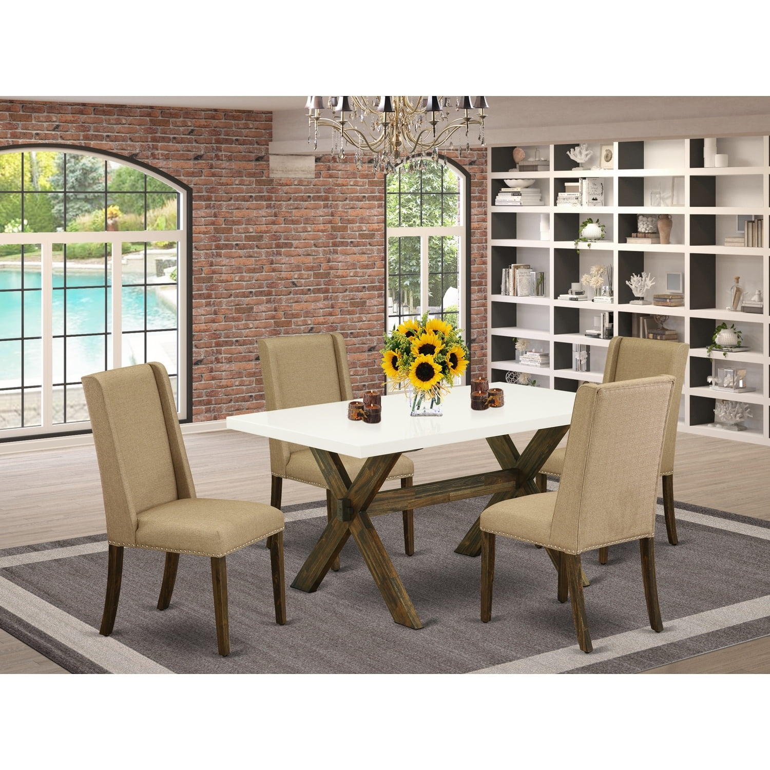 Linen White and Distressed Jacobean 5-Piece Dining Set with Dark Khaki Chairs