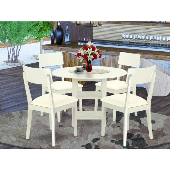 5 Piece Dinette Set - Round Table & 4 Chairs - Linen White Finish - Kitchen Dining Room Set