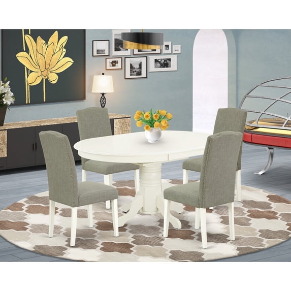 Oval Dining Table Set 5pc 42-60" Table w/ Butterfly Leaf & 4 Parsons Chairs - Dark Shitake Linen Fabric