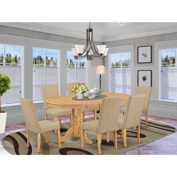 Dining Room Set 7Pc Table & Chairs - Modern Design, Oak Finish, Linen Fabric, Dark Khaki