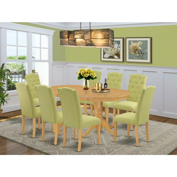 Oval Dining Table Set with 8 Chairs - Modern Parson Dining Set - Oak FinishLime Green Fabric