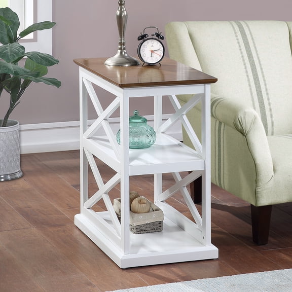 HomeStock Urban Upmarket Chairside End Table with Shelves - Driftwood/White Finish with Beveled Edges & 2 Spacious Shelves for Organized Living