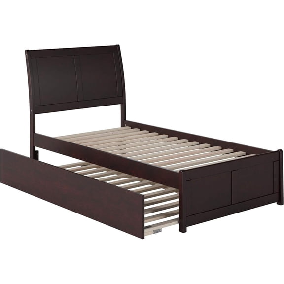 HomeStock Variety Twin Extra Long Platform Bed with Matching Footboard and Turbo Charger, Espresso, Includes Twin Extra Long Trundle, Sleigh Style, Slat Kit Support for Easy Setup
