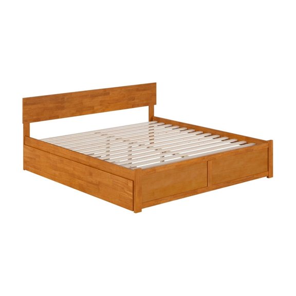 Vibes King Platform Bed with Footboard & Trundle - Solid Wood, Adjustable Headboard, Light Toffee Finish