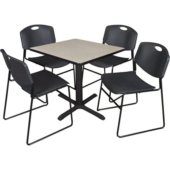 HomeStock Victorian Elegance 30" Square Breakroom Table- Maple & 4 Zeng Stack Chairs- Black, Ideal for Cafeterias, Dining, and Office Spaces
