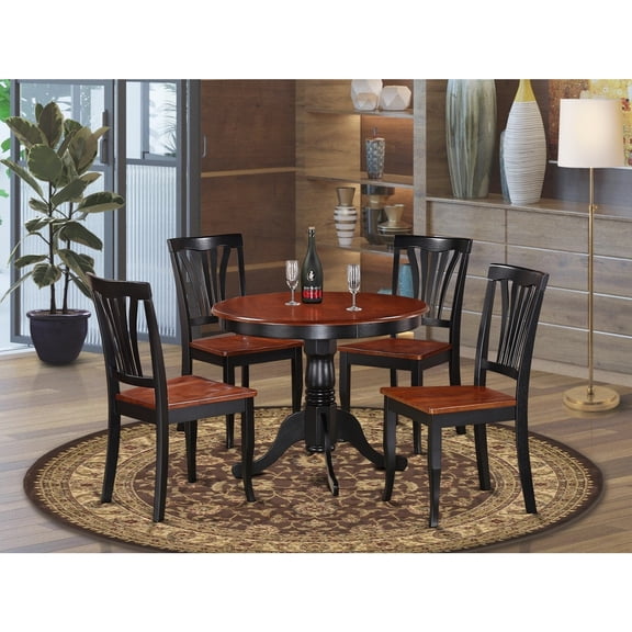 Victorian Elegance 5-Piece Dinette Set - Round Pedestal Dining Table with 4 Slat-Back Solid Wood Chairs, 42" Table Length, Black Finish