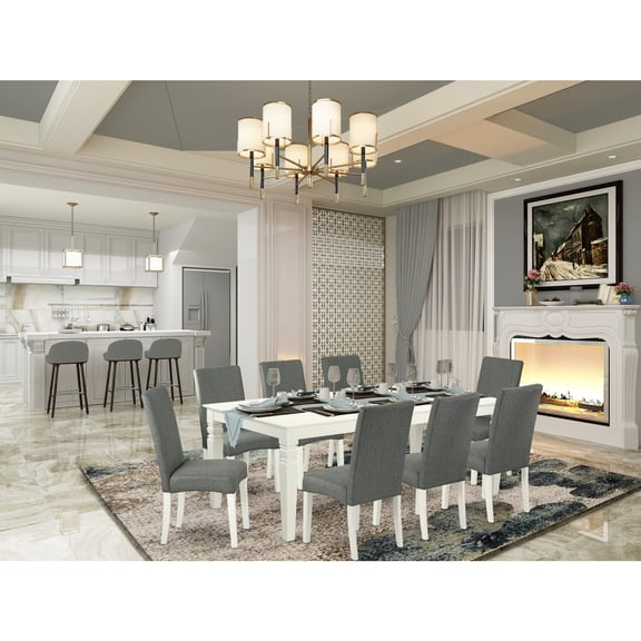 HomeStock Victorian Elegance 9Pc Rectangle 66/84 Inch Kitchen Table With 18 In Leaf And Eight Parson Chair With Linen White Finish Leg And Linen Fabric- Gray Color