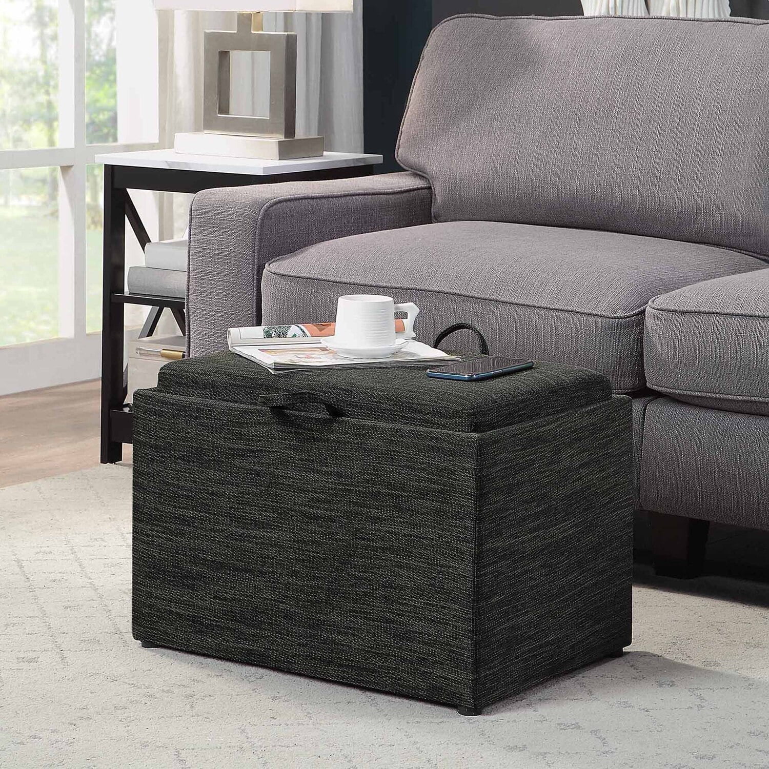 Modern Dark Charcoal Gray Fabric Storage Ottoman with Reversible Tray, 23"