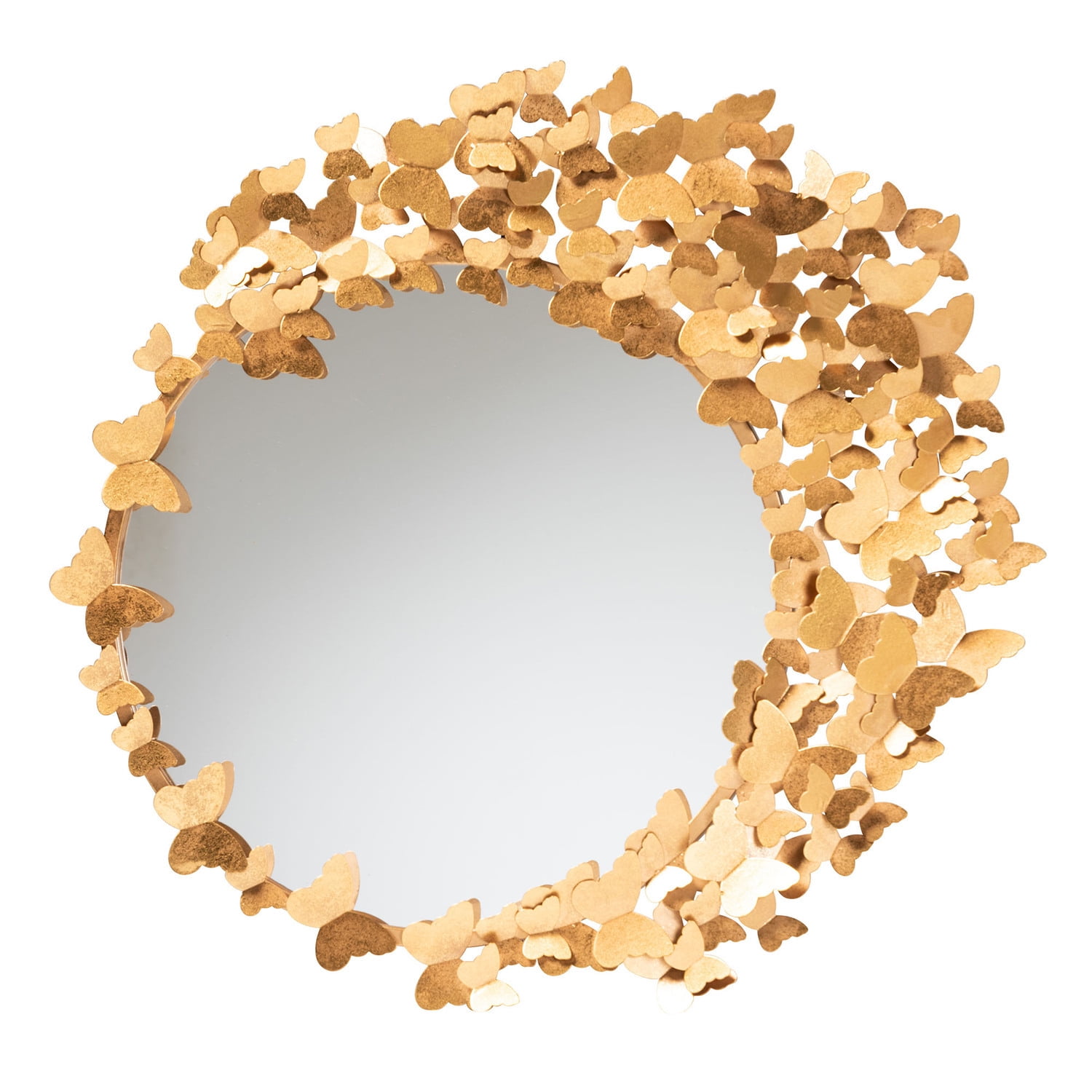 Elegant Round 33" Gold Metal & Leather Butterfly Accent Wall Mirror