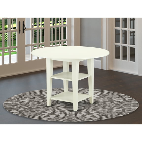 HomeStock Victorian Elegance Round Kitchen Table (42" L x 20/42" W x 29.5" H) with Two Drop Leaves and Shelves in Linen White Finish - A Stylish and Functional Dining Centerpiece