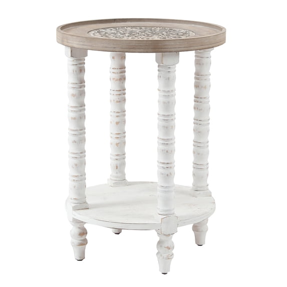 Round Accent Table with Storage - White Wood Side Table - Living Room End Table - Bedroom Decor