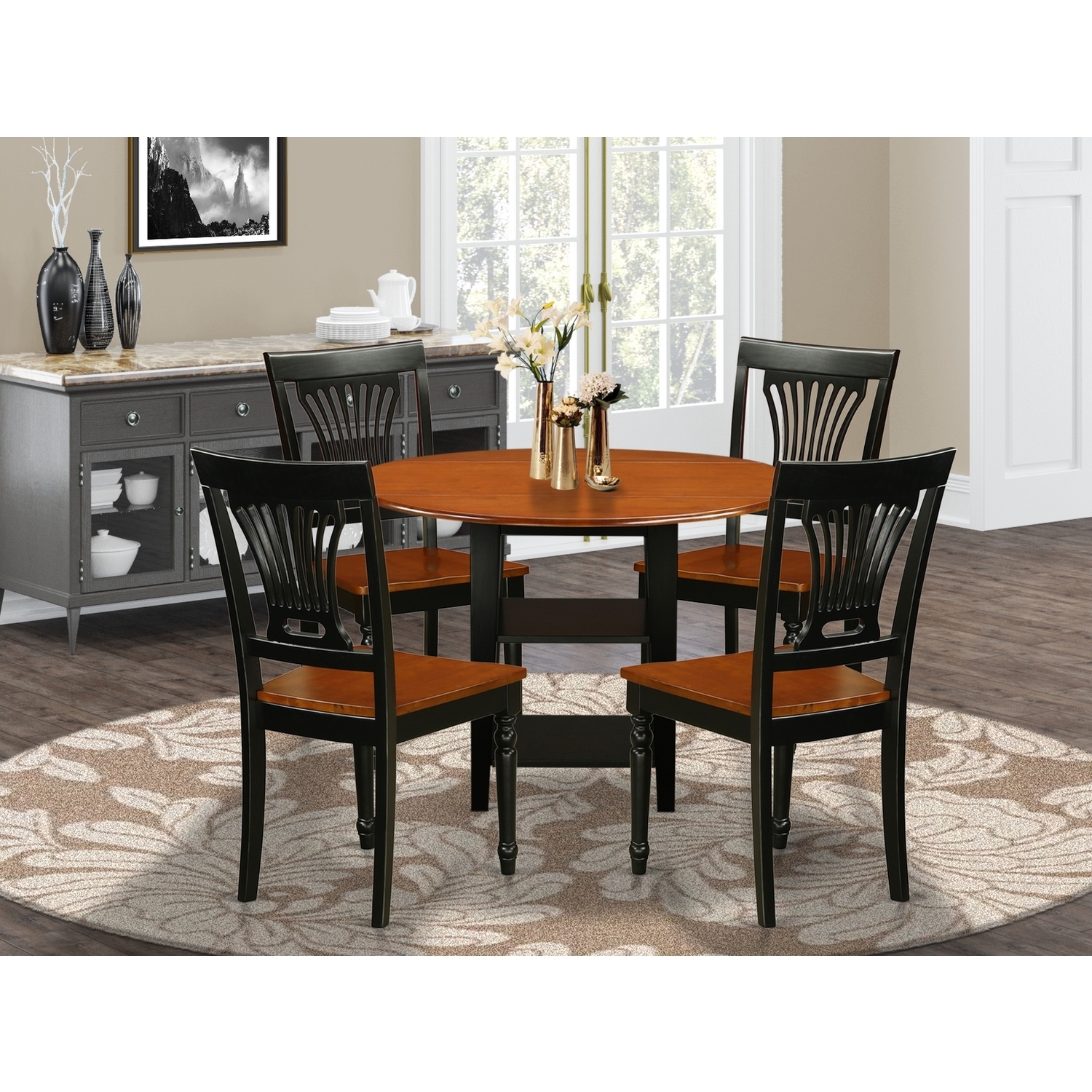 5 Piece Dinette Set - Round Table & 4 Chairs - Black Cherry Finish ...