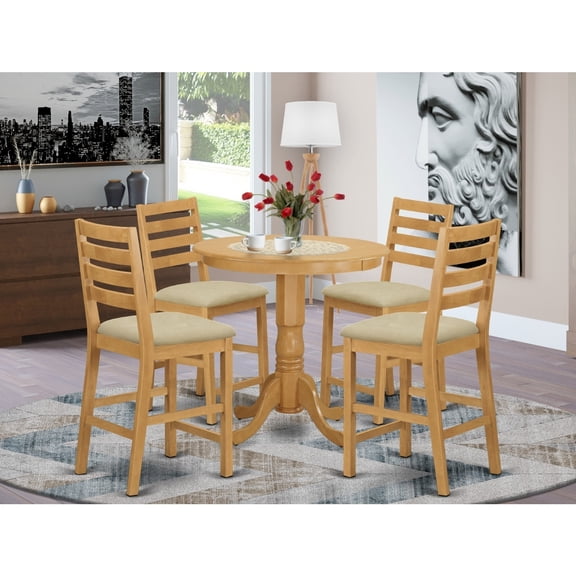 Counter Height Pub Set - 5 Piece Table & Chair Set - Linen Upholstered Kitchen Chairs - Oak Finish