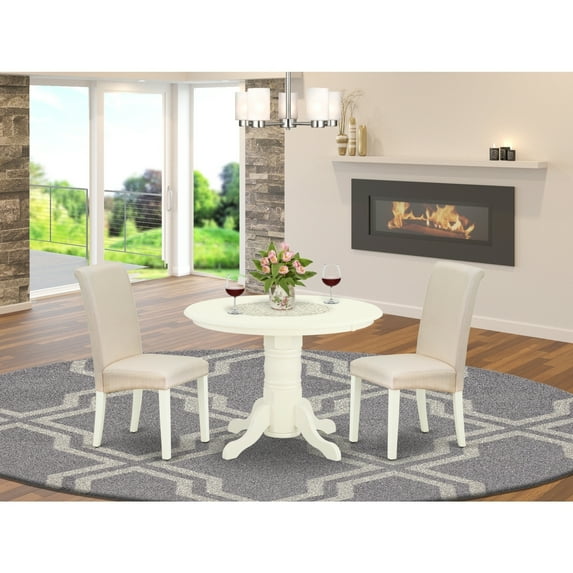 Vintage 3Pc Dinette Set - Round Table & 2 Parson Chairs - Cream Fabric, White Finish