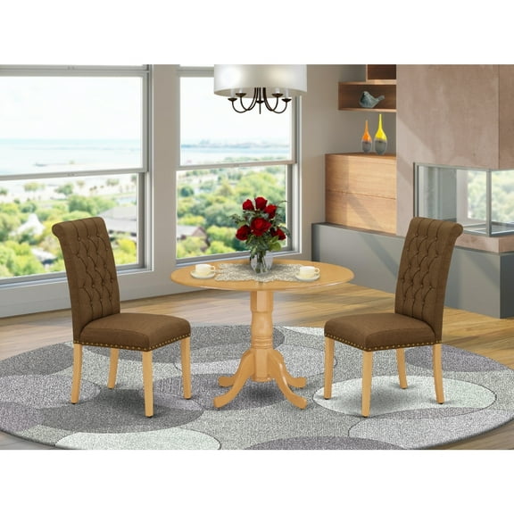 Vintage 3Pc Dinette Set - Round Kitchen Table & 2 Parsons Chairs - Oak Finish, Dark Coffee Fabric