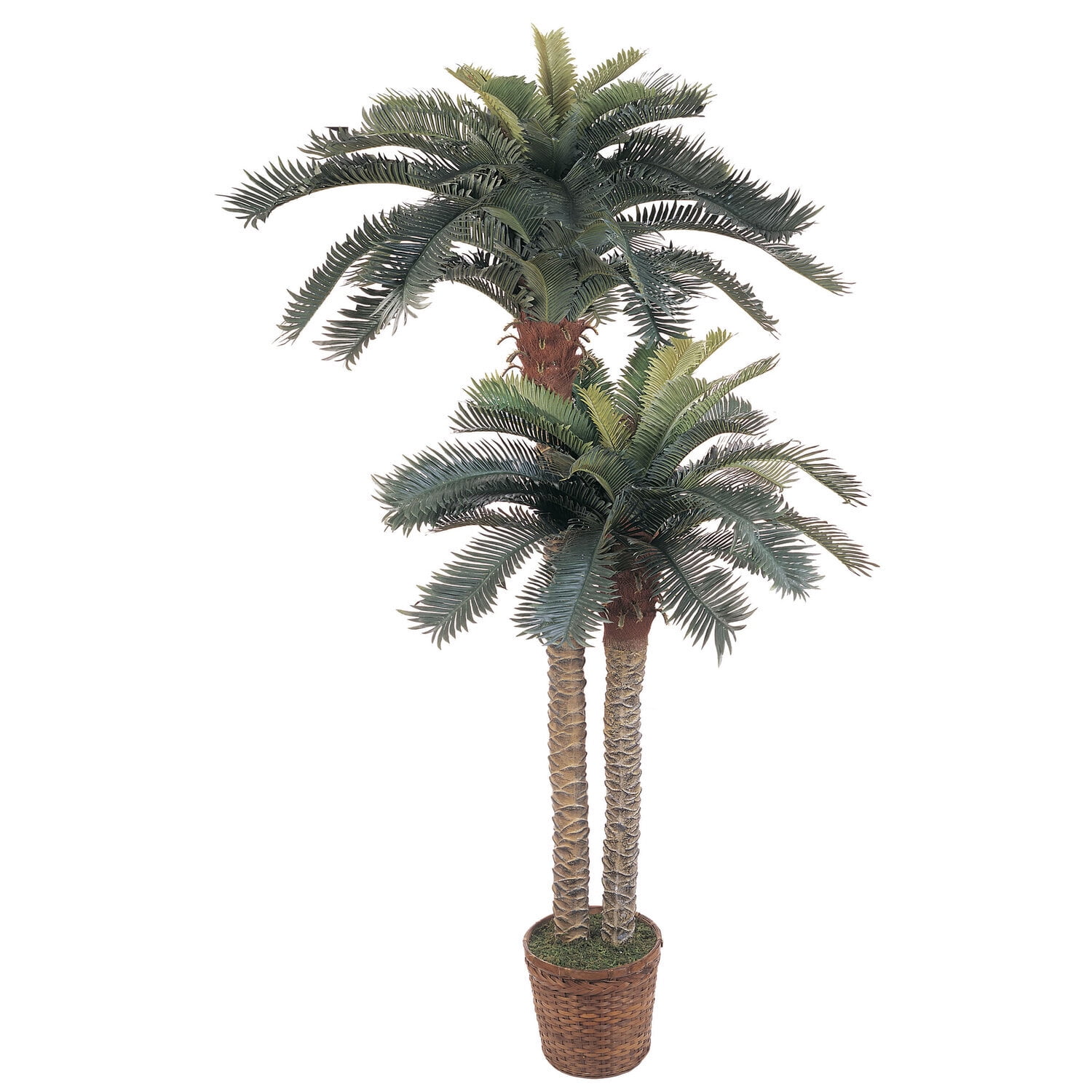 Double Potted Green Silk Palm Tree with Wicker Basket