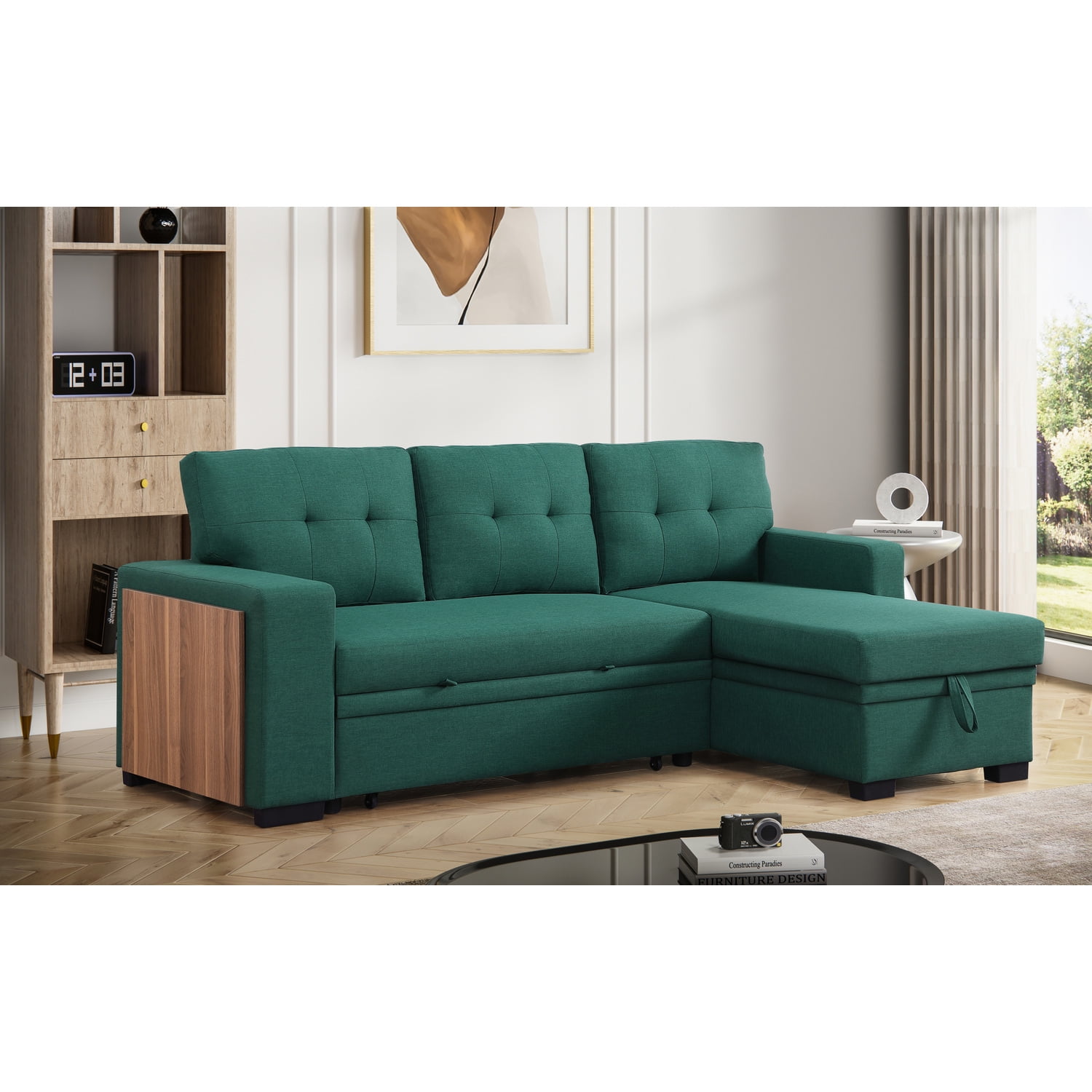 HomeStock Victorian Vintage Fabric Reversible Modern Side Compartment Sleeper Sectional Sofa Bed Green