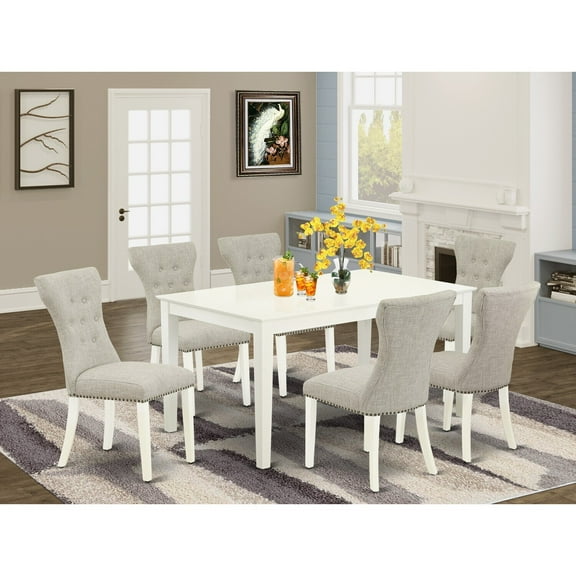 HomeStock Victorian Vintage Furniture Caga7-Lwh-35 7-Piece Kitchen Dining Table Set- 6 Parson Chairs And Rectangle Table Solid Wood Frame -High Back & Linen White Finish